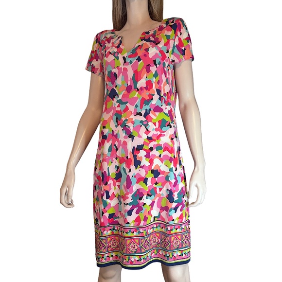 Cappagallo Shift Dress Abstract Print Jersey Knit Colourful Fun V-Neck - Picture 14 of 16